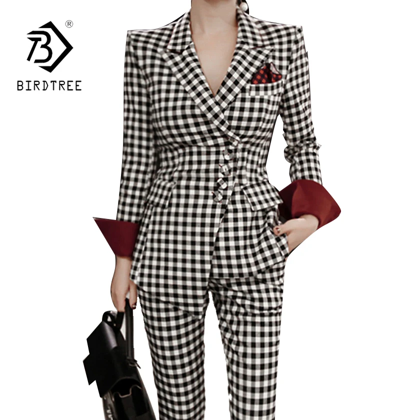 Женские офисные комплекты из 2 предметов 2018 корейские весенне-осенние клетчатые