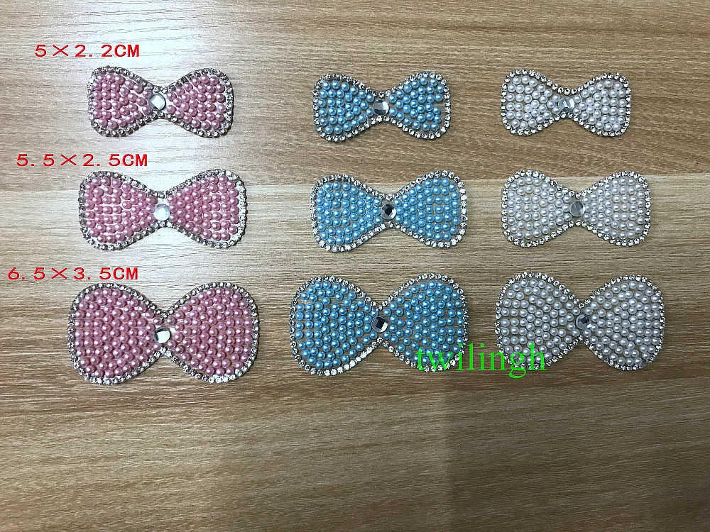 

1 Piece Patches Pearl Bow Tie Hot Fix Rhinestone Motif Crystal iron Patch Applique For Baby Clothes Baby Suit