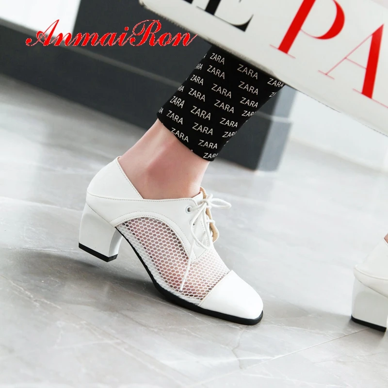 

AnmaiRon 2019 New Arrival Basic Med Square Heel Shoes Square Toe Casual Lace-Up Women Fashion Leopard Pumps Size 34-43 LY1975