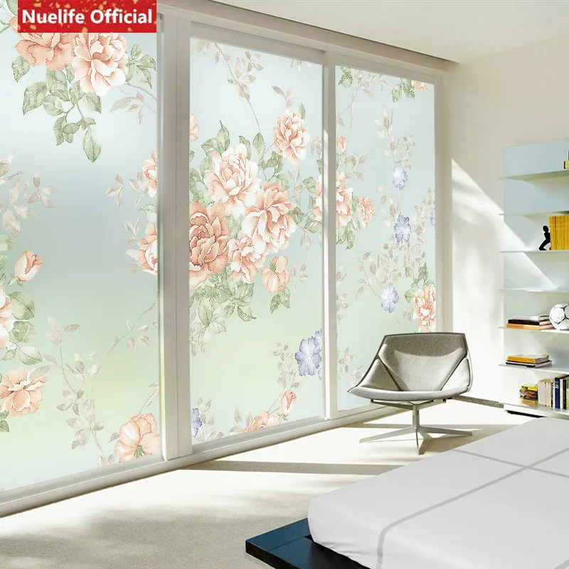European color peony pattern electrostatic frosted glass film living room bedroom wedding sliding door wardrobe | Дом и сад
