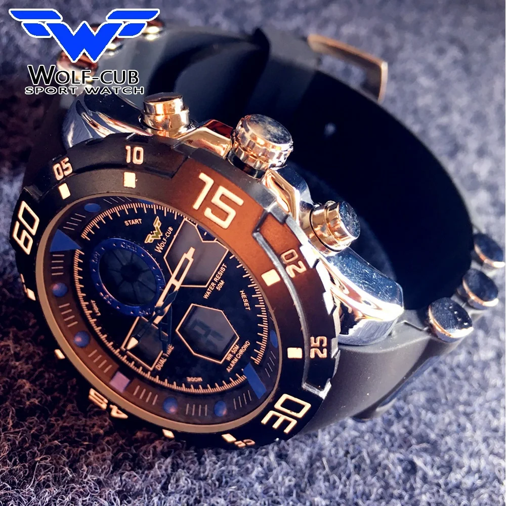 

WOLF-CUB Sport Watch Brand Auto Date Day LED Alarm Black Blue Silicone Band Analog Quartz Military Men Digital Watches blue