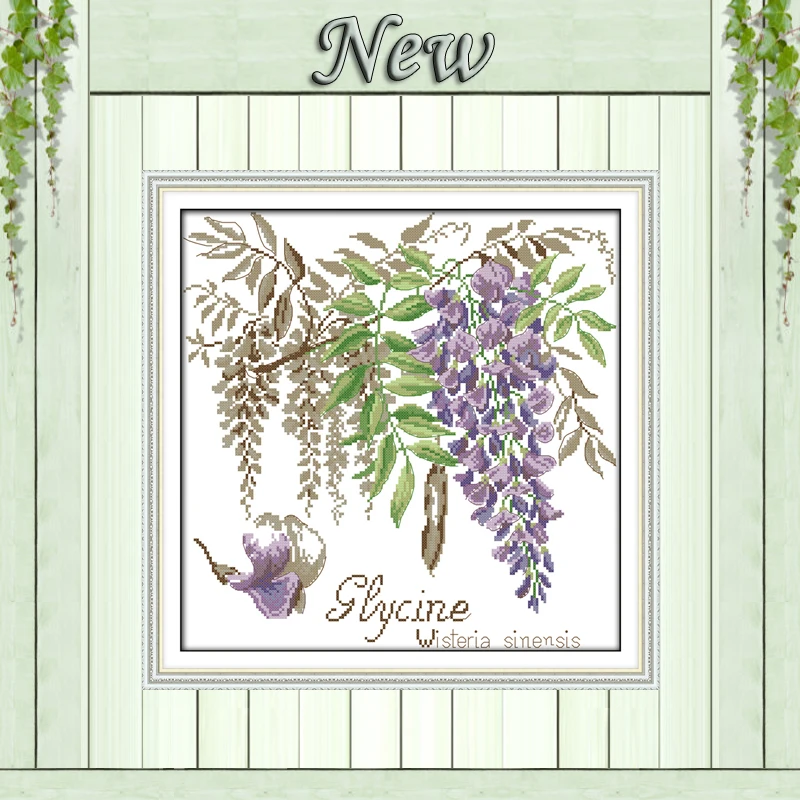 Набор для вышивки крестиком фиолетовыми цветами и листьями на холсте DMC 14CT 11CT