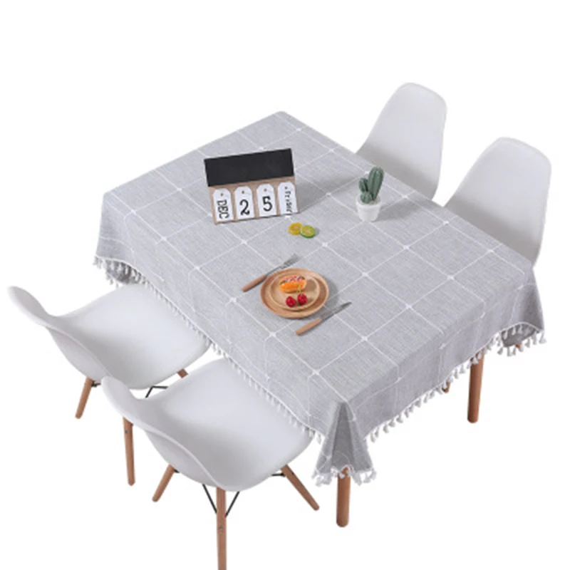 Хлопковая льняная кружевная боковая скатерть большая клетчатая ткань серая Mika 2