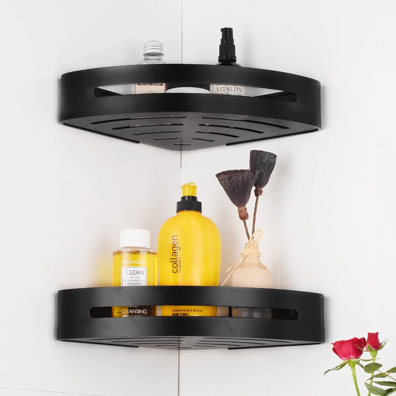 Bathroom Shelf Black Aluminum Corner Storage Holder Shelves Bathroom Accessories Shower Caddy Rack Wall Mounted Shampoo Basket
