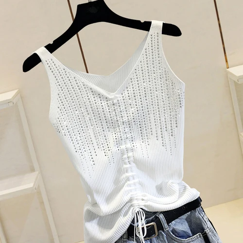 white Drawstring Летняя майка для отдыха, майки для женщин,, сверхпрочная Трикотажная майка на бретельках, яркая шелковая трикотажная одежда, тонкие Топы для женщин - Цвет: white Drawstring