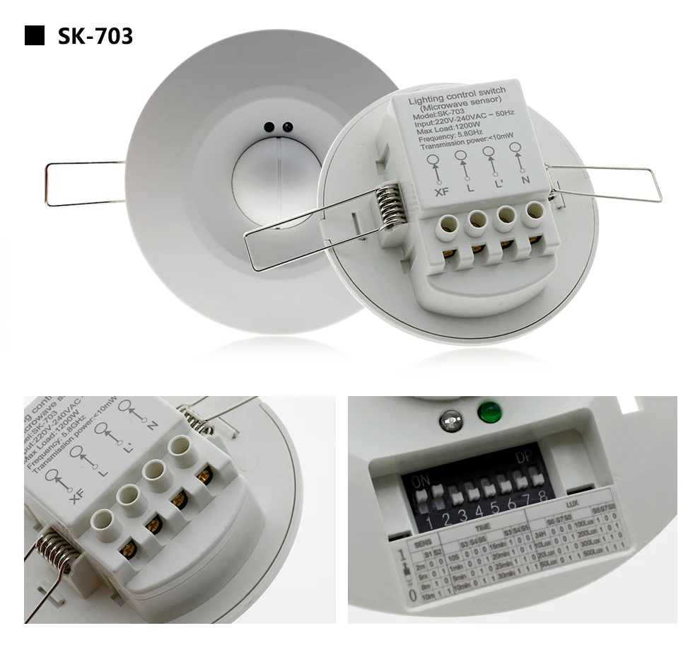 Микроволновый датчик, радар, датчик тела, светильник, переключатель, AC220-240V, 360 градусов, детектор движения человеческого тела, светильник, переключатель