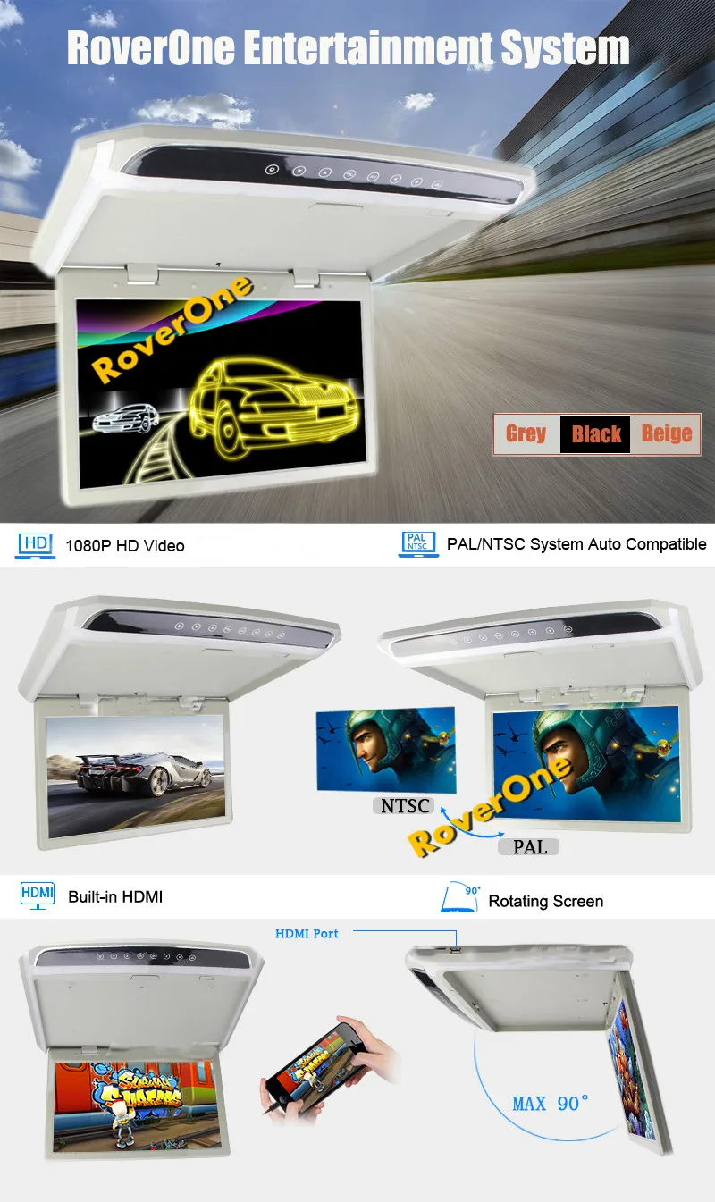 RoverOne 1" 12 В все в одном светодиодный HDMI Автомобильный потолочный плеер откидной автобус монитор тренера потолочное крепление накладная развлекательная система