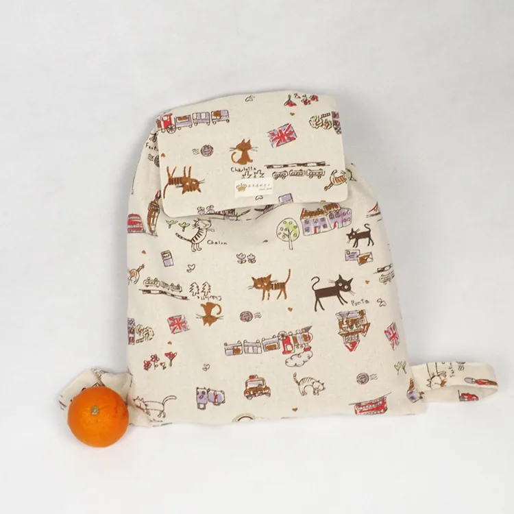 

YILE Handmade Cotton Linen Draw String Backpack Student Book Bag Cat Union Jack WF02