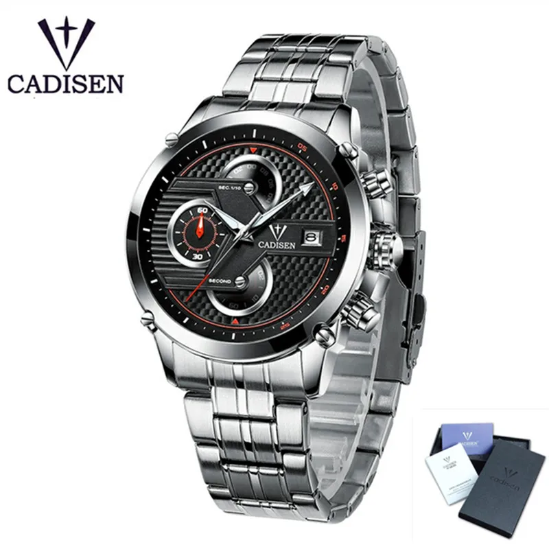 Black CADISEN мужские модные многофункциональные кварцевые часы мужские военные наручные часы водонепроницаемые часы из нержавеющей стали Relogio Masculino - Цвет: Black