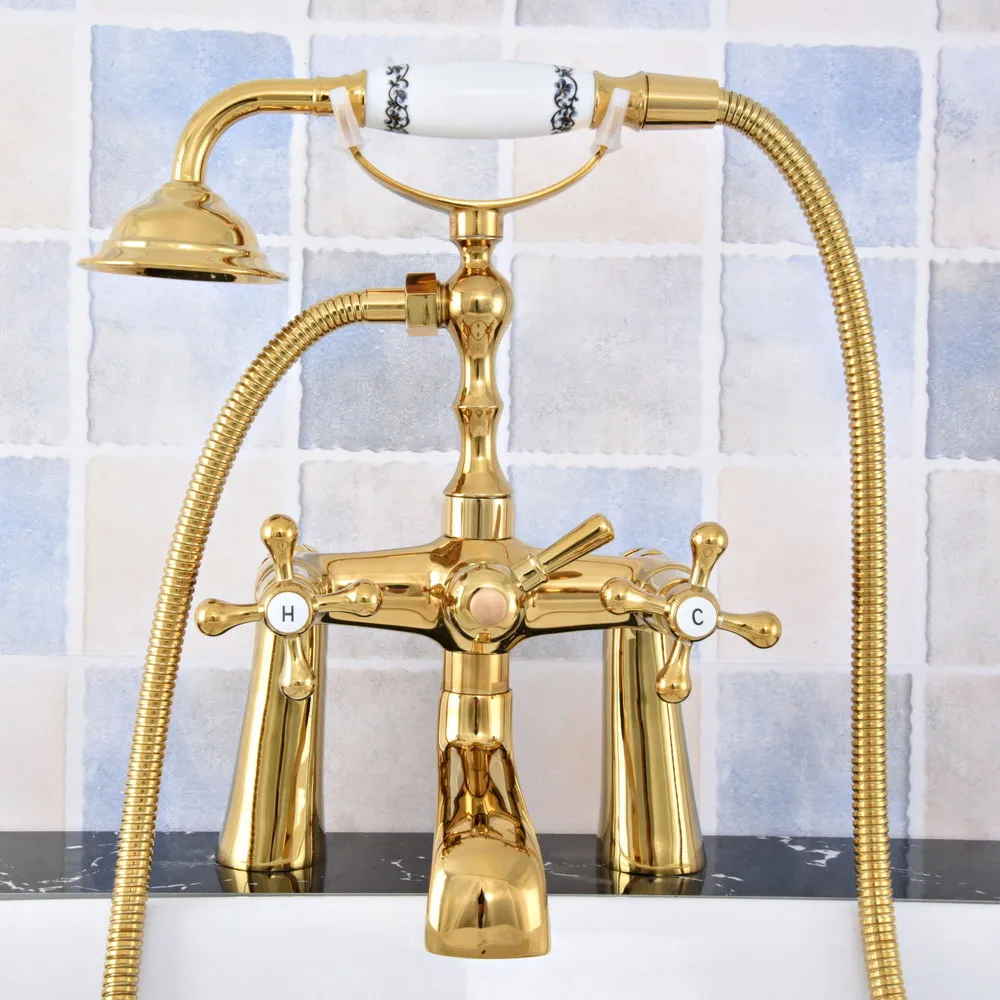 

Luxury Gold Color Brass Deck Mounted Bathroom Tub Faucet Dual Handles Telephone Style Hand Shower Clawfoot Tub Filler atf786