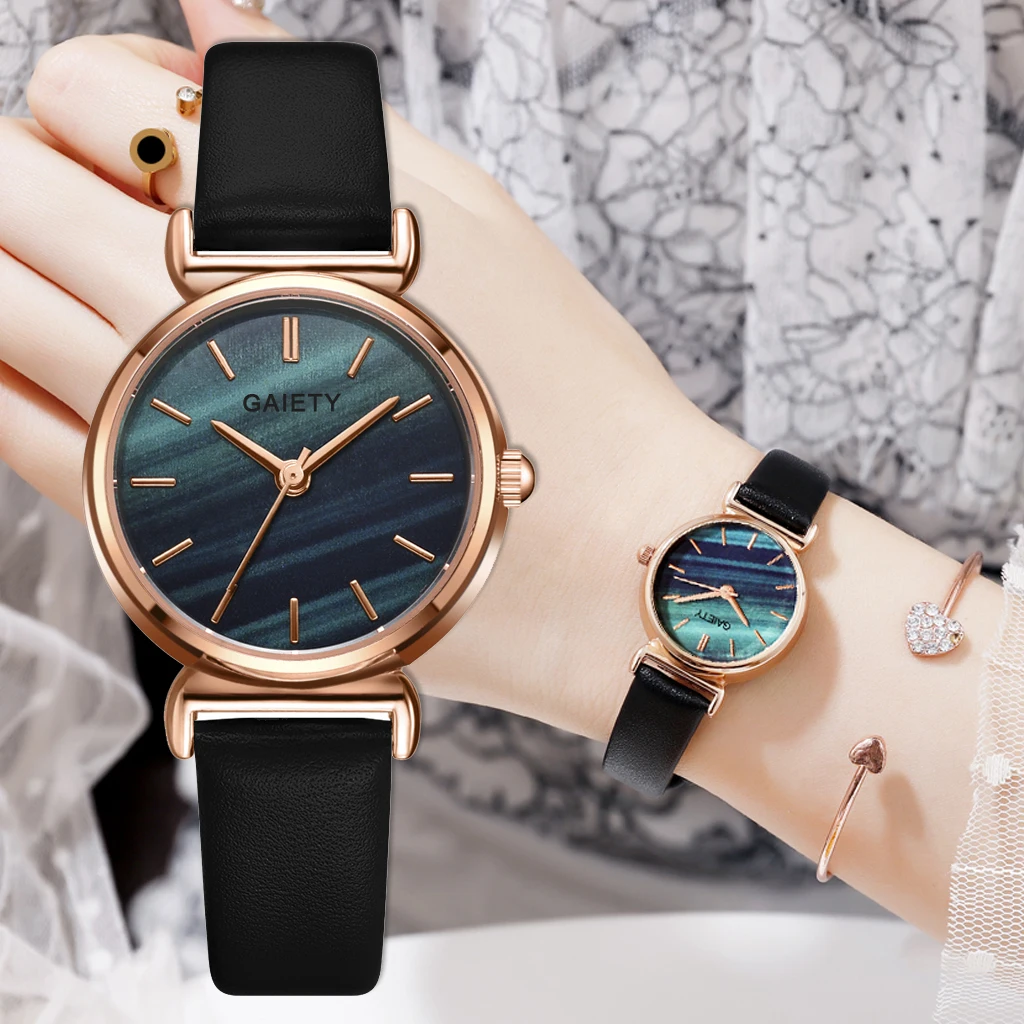 Женские часы Gaiety повседневные кожаные Наручные зеленого цвета с ремешком Прямая