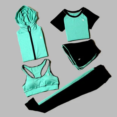 5-piece set - green Комплект из 5 предметов, Йога для женщин, одежда, бюстгальтер для выступлений, фитнес-спорт, женская футболка для фитнеса, одежда, тренировочный комплект, спортивный костюм - Цвет: 5-piece set - green