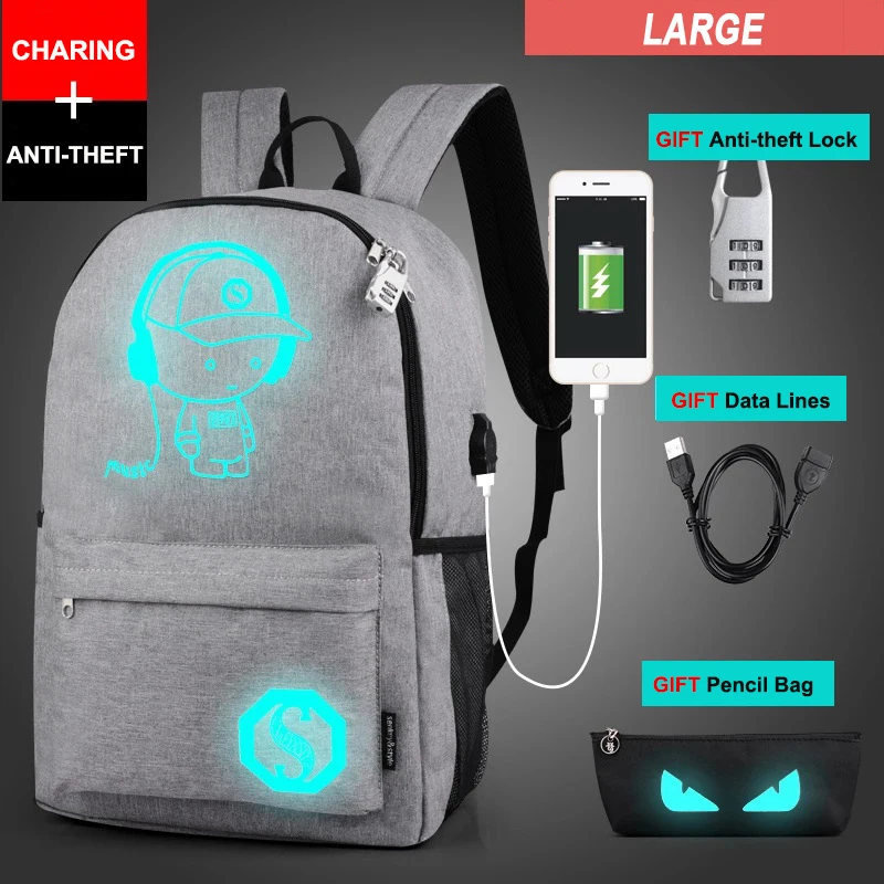L Music Kid Gray Противоугонный ночник, школьные сумки, зарядка через usb, мужские светящиеся рюкзаки, Mochila, модный мультяшный школьный рюкзак для студентов - Цвет: L Music Kid Gray