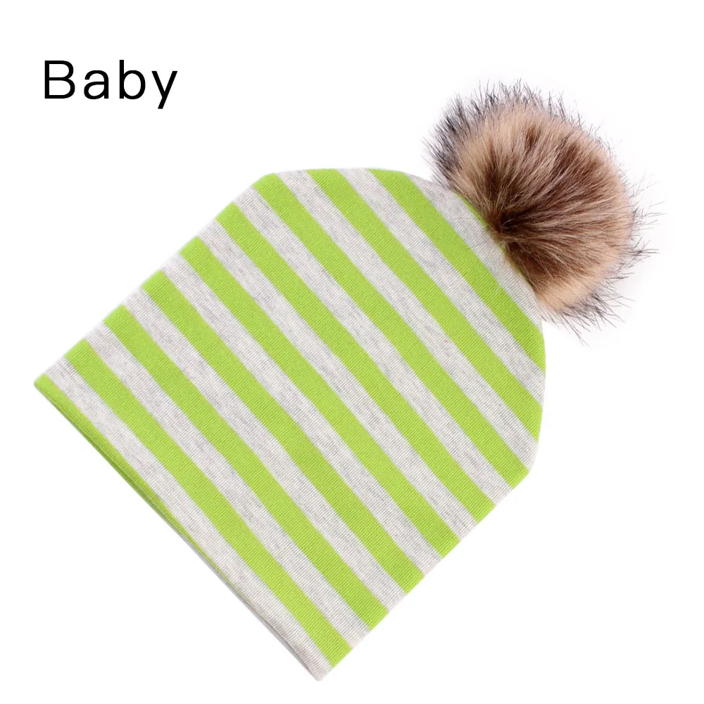 Green Baby Мама и детская зимняя шапка, теплая хлопковая шапка для женщин и детей, шапка с помпоном из меха норки, шапка с помпоном, подходящая для мамы и меня, шапочки - Цвет: Green Baby