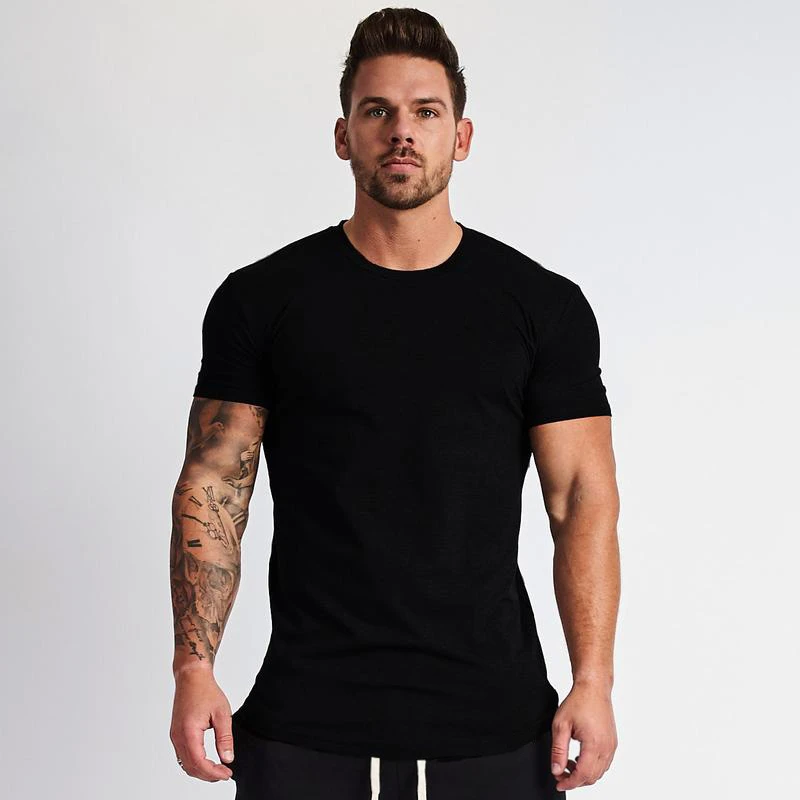 Muscleguys новая простая одежда для фитнеса, Мужская футболка с круглым вырезом, хлопковые футболки для бодибилдинга, облегающие топы для тренажерного зала, футболка Homme - Цвет: Черный
