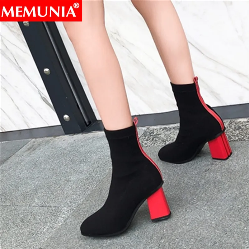 

2021 New fashion stretch fabric ankle boots thick high heels autumn winter red heel women boots high quality ladies shoes