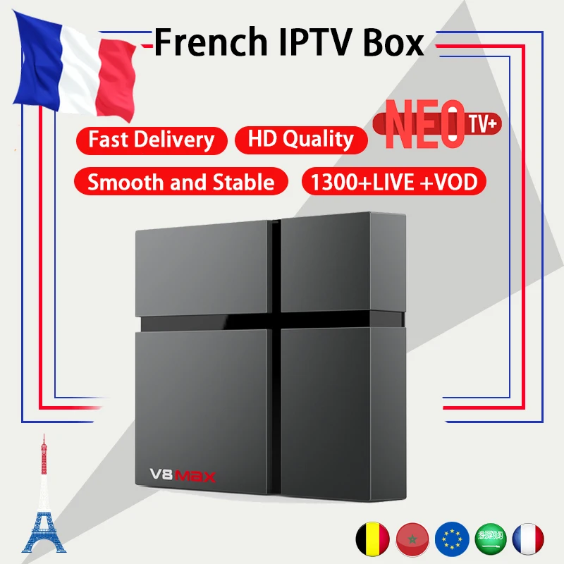 Французский wechip V8 MAX android tv box android 8,1+ с системой Neo IPTV подписка 1300+ live и vod, Францию, Бельгию, арабский Марокко smart tv box
