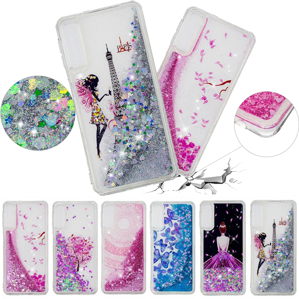 A50 Case on For Samsung Galaxy A10 A20 A30 Cartoon Tower Girl Glitter Liquid Phone for A70 Cover Coque |