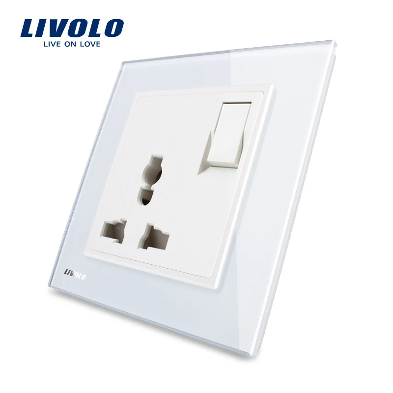 Livolo UK standard 1 банда 1Way кнопочный переключатель и 3 контакта многофункциональная 13A розетка, белая кристальная стеклянная панель, VL-W2Z1C-12