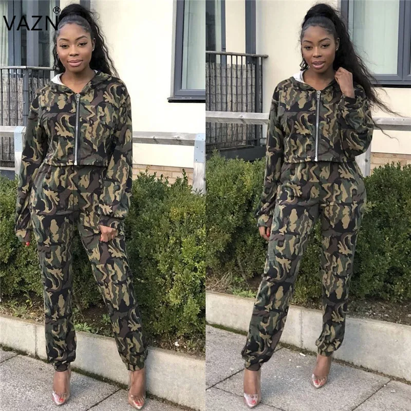 VAZN Autumn High Quality Fashion Women 2-Pieces Camouflage Jumpsuits Hooded Full Sleeve Tops Length Pants Tracksuits LM8035 | Женская