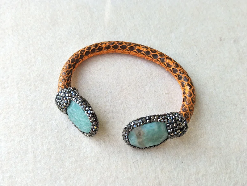 5pcs Natural Leather Druzy Pearl Stone Snake Bangle with Crystal Rhinestone Paved Jewelry Bracelet BG18 | Украшения и аксессуары