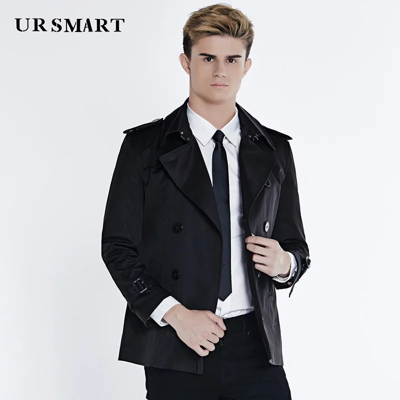 URSMART двубортный плащ, короткая мужская Осенняя Новая модная мужская ветровка, медовый желтый плащ-Пыльник - Цвет: black