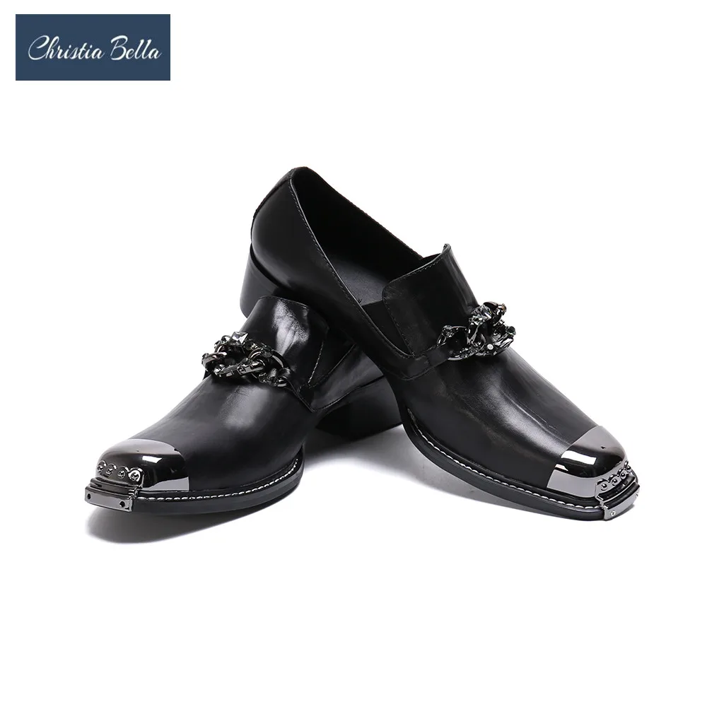 

Christia Bella/Новая мода цепи из натуральной кожи мужская обувь в деловом стиле размера плюс с металлическим украшением без шнуровки с квадратным носком; Модельная обувь в деловом стиле; Обувь