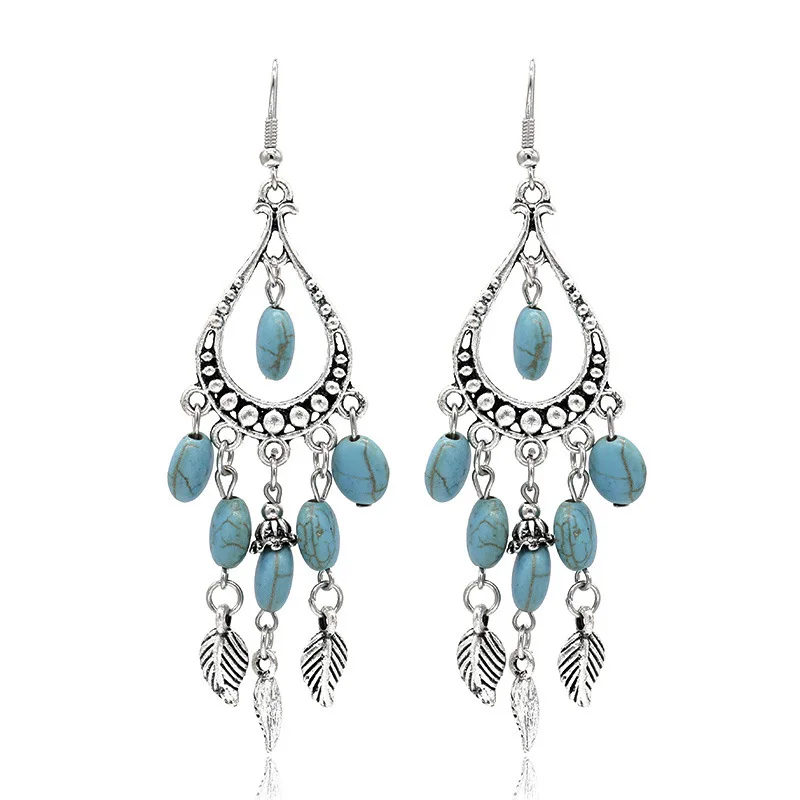 Серьги-гвоздики в богемном национальном стиле ручной работы украшенные бирюзой