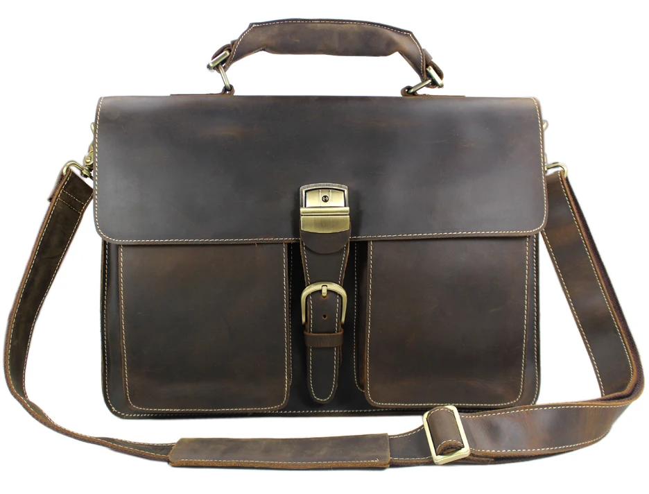 Vintage Crazy Horse Leather Briefcase Men's Business Bag For 15
