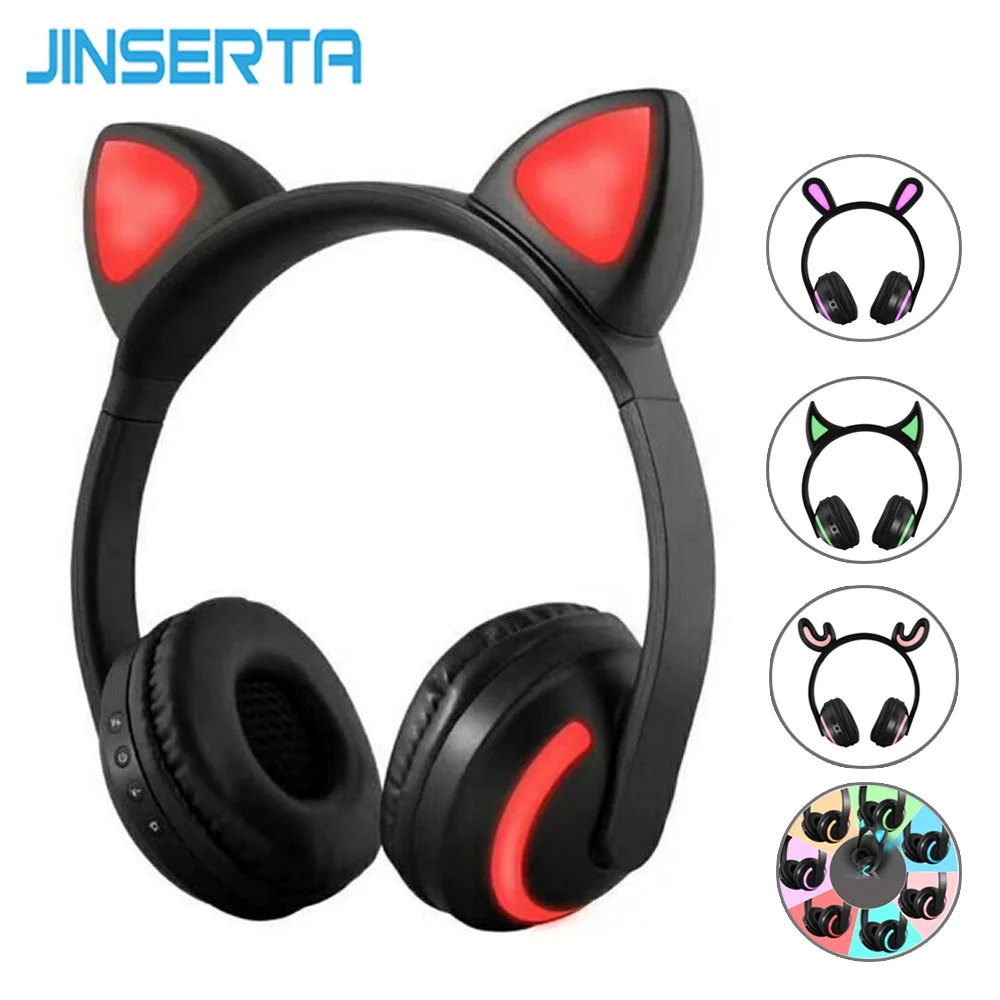

JINSERTA Cat/Rabbit/Deer/Devil Ear Headphones 7-Color LED Flashing Glowing Wireless Bluetooth Headphone For Cosplay Kids Gaming