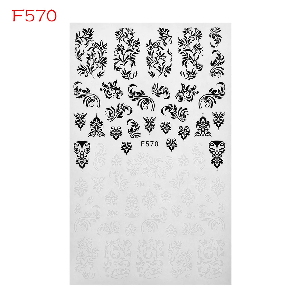 F570 1 шт., черно-белые наклейки для ногтей, 3D наклейки, бабочки, цветы, листья, геометрические рисунки, слайдеры, тату, маникюрные украшения - Цвет: F570