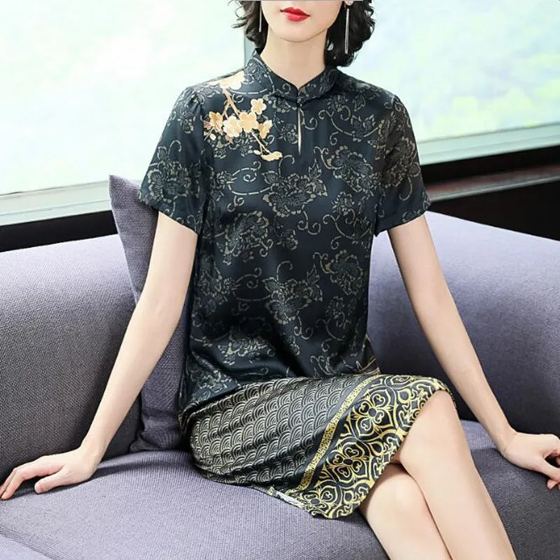 Mulberry Silk Dress Women 2019 Summer New Your Waist Cover Belly Improved Cheongsam Temperament Vestido Plus Size 5XL | Женская одежда