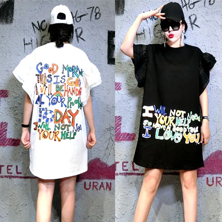 Летнее платье Для женщин Oversize оборками короткий рукав Длинные футболки Платья