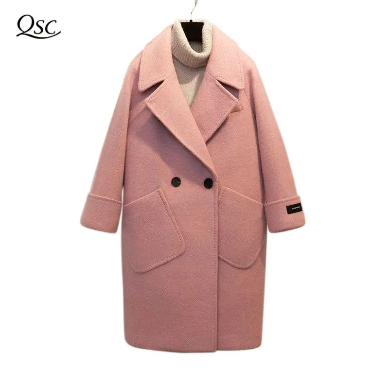 Женское шерстяное пальто 2018 модные повседневные розовые Свободное с отложным