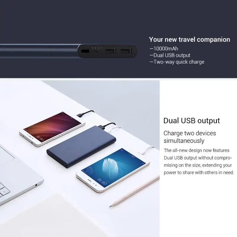 Внешний аккумулятор Xiaomi Power Bank 2 10000 мАч USB-порта быстрая зарядка | Мобильные