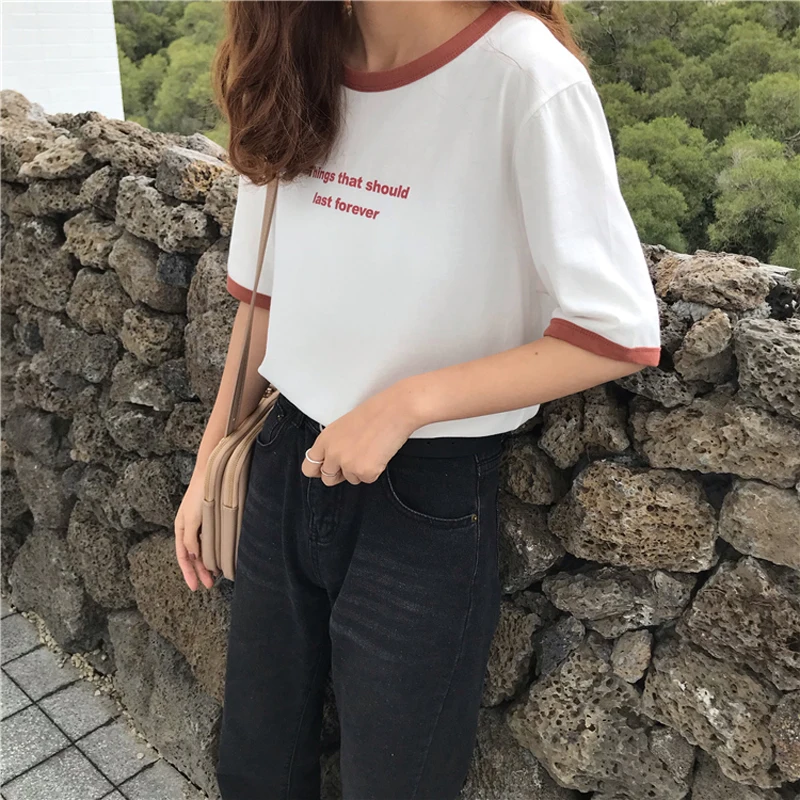 Летняя Корейская футболка с буквенным принтом Ulzzang, Женская Повседневная футболка с коротким рукавом, Женская свободная хлопковая Футболка с круглым вырезом, модные топы, футболка