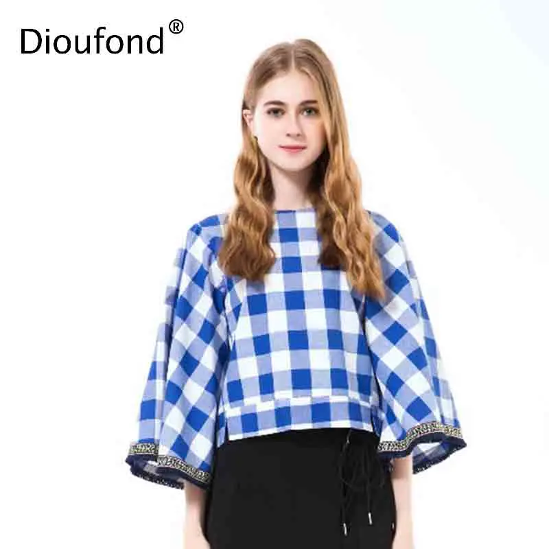 

Женская клетчатая рубашка с рукавом «летучая мышь» и круглым вырезом