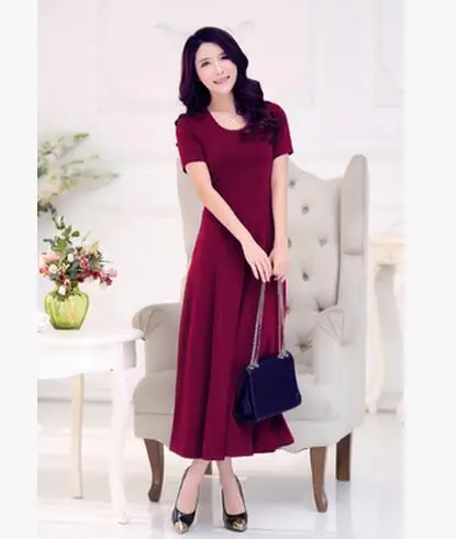 wine Red Летнее Новое тонкое платье с коротким рукавом большого размера из модала длинное платье с круглым вырезом однотонное эластичное платье для женщин LU160 - Цвет: wine Red