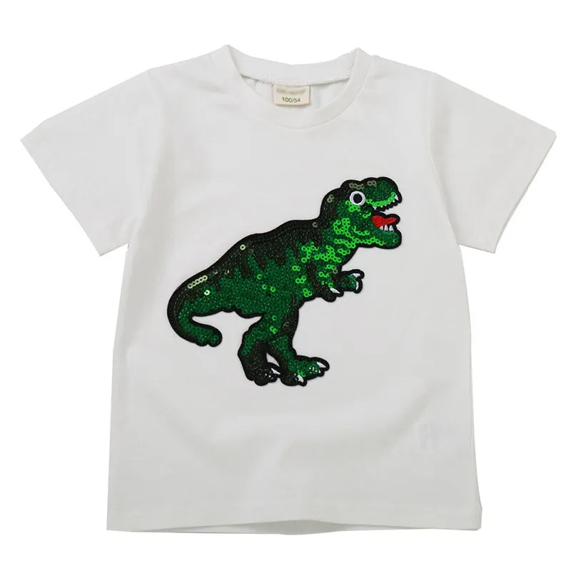 Dinosaur 04 Летние футболки для мальчиков и девочек, детская Двусторонняя Футболка с блестками, Детская Повседневная модная одежда с единорогом, Суперменом, динозавром, волшебным От 2 до 8 лет - Цвет: Dinosaur 04