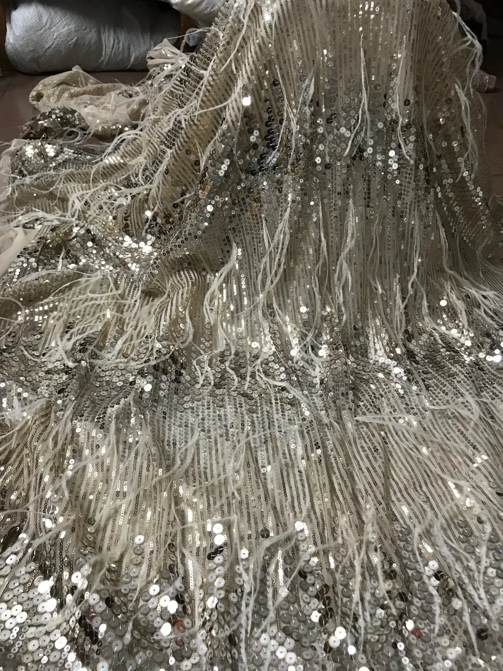 

nice looking feather embroidery tulle mesh lace fabric ZH-5623 with sequins for party dress