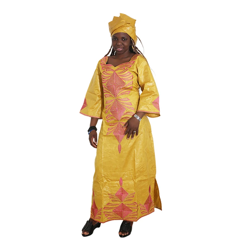 

MD 2021 African Women Dresses Riche Bazin Traditional Embroidery Dress Head scarf Plus Size Long Dress Ropa Africana Mujer Party