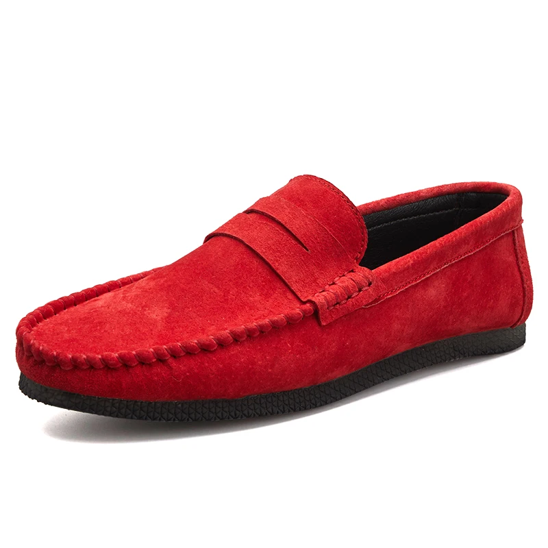 New Split Leather Loafers Sneakers Man Anti-Slip Drive Shoes for Men Slip on Flat Red Blue Yellow Men's Boat Shoe Footwear | Обувь