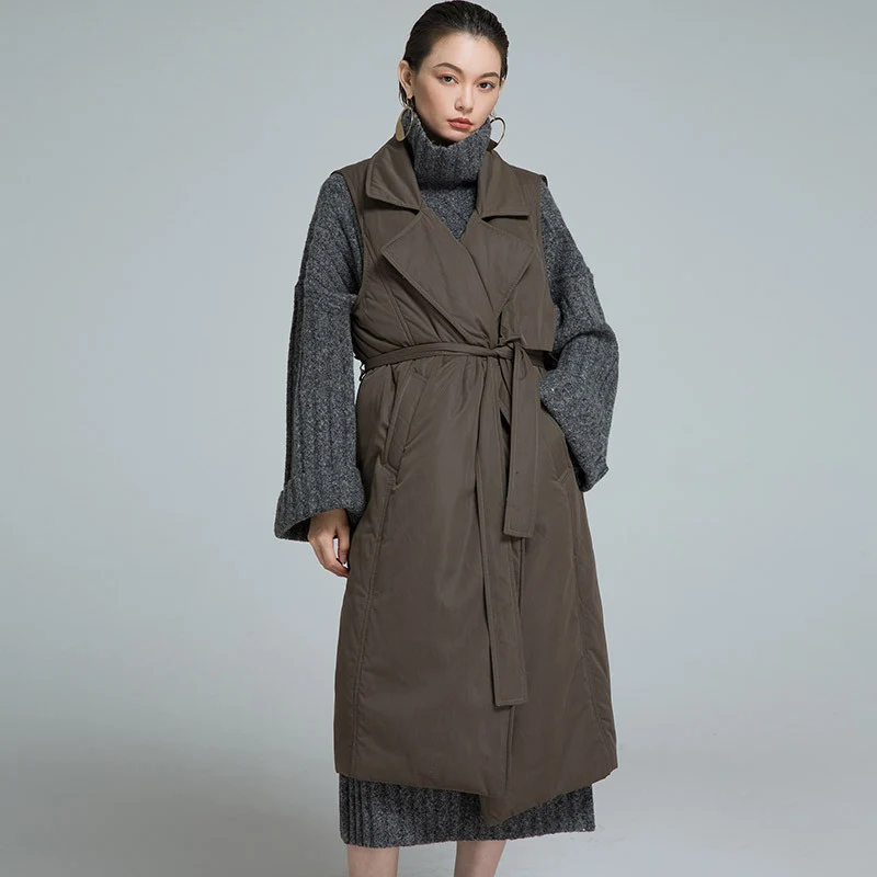 FYYIYI Sleeveless Vest Down Jacket Long Casual Lapel Coat Autumn Winter Slim Thick Jackets Fashion Adjustable Waist Pockets | Женская