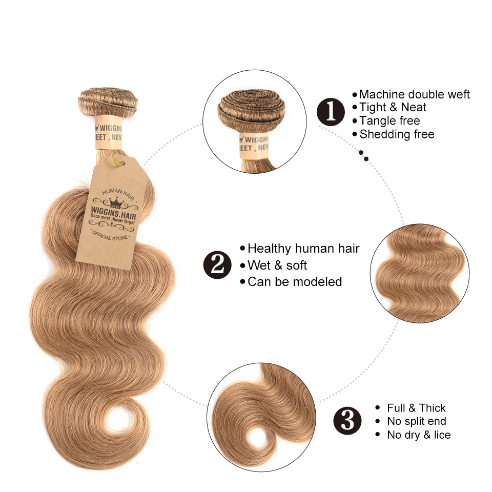 Wiggins #27 Honey Blonde Brazilian Body Wave Bundles With Frontal Closure 3 Bundle Human Hair Remy | Шиньоны и парики
