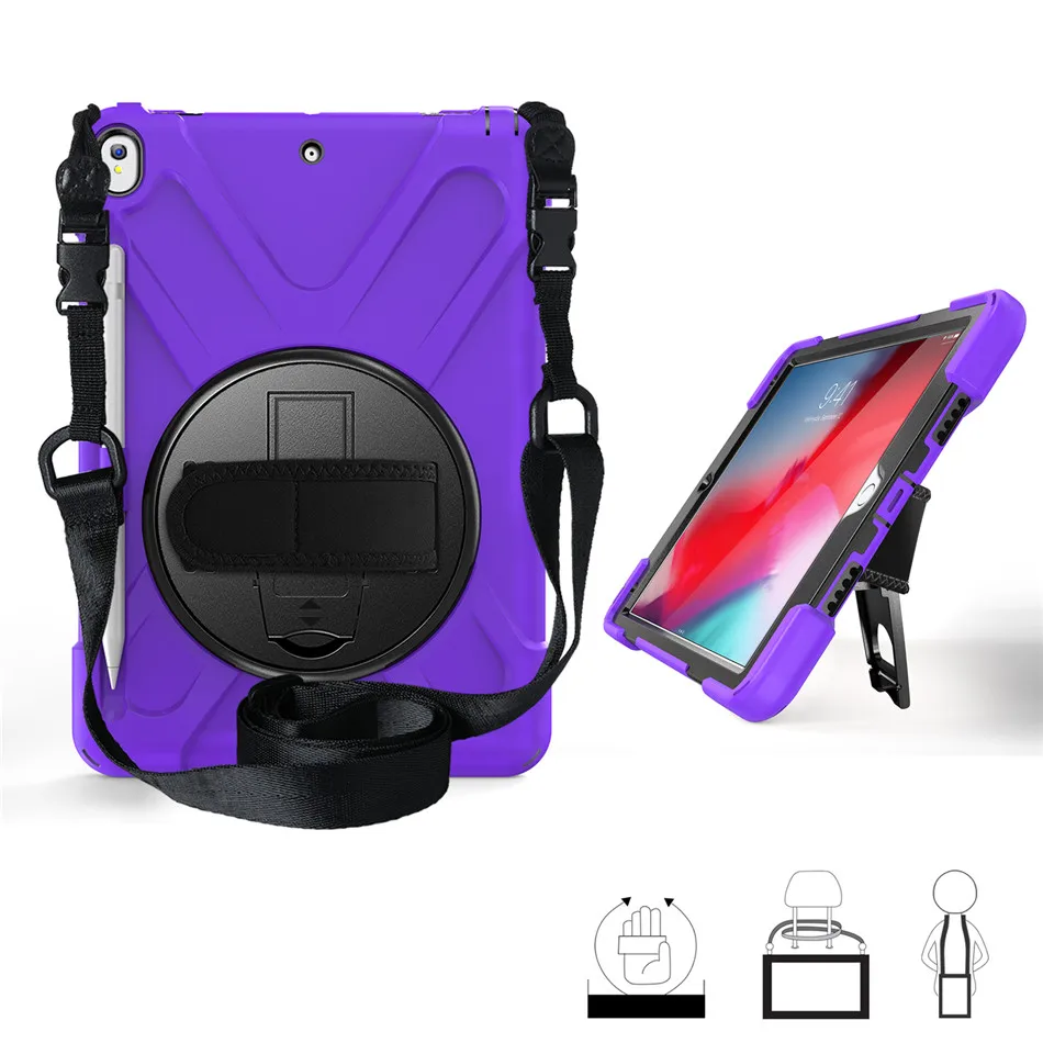 Фиолетовый Чехол для ipad air 3() противоударный сверхпрочный силиконовый+ PC Kickstand чехол с запястье+ плечевой ремень Чехол для ipad Pro 10,5 - Цвет: Фиолетовый
