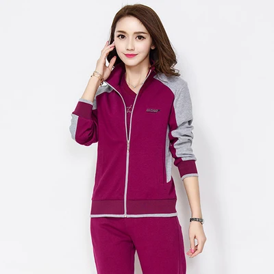 9066- purple Спортивный костюм с длинным рукавом для женщин, комплект из трех предметов, сшитые свитшоты, топы и штаны,, весна-осень, повседневный костюм, женская одежда - Цвет: 9066- purple