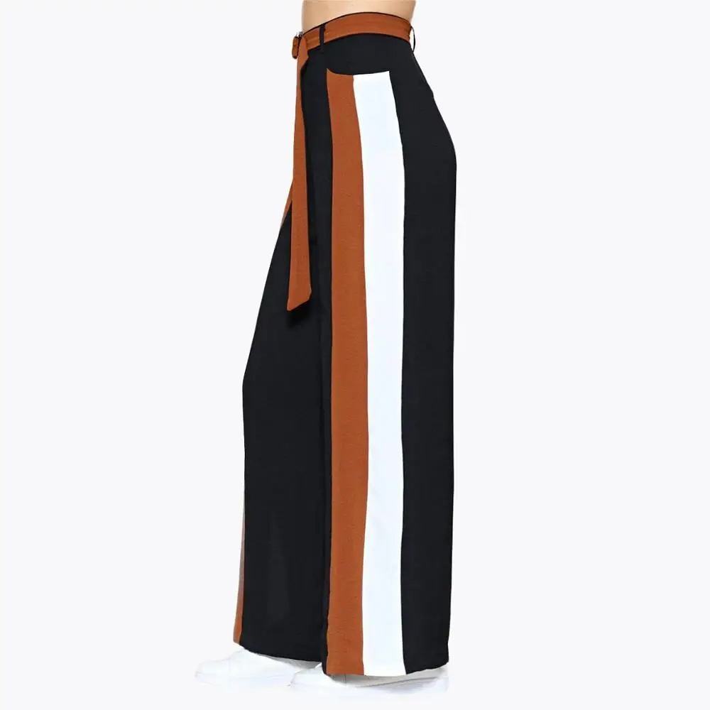 MINSUNDA Pathwork сбоку полосой широкую ногу Высокая Талия Повседневное брюки с O-Ring Belt