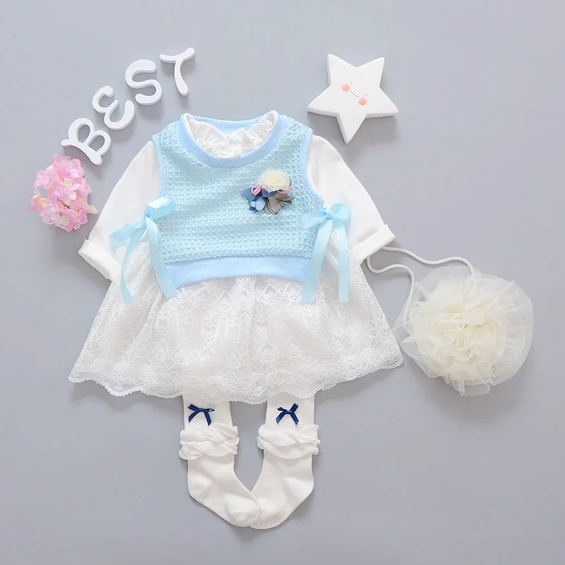 Демисезонный Повседневное Babys новорожденных девочек сладкий цветок украшение вязаный жилет+ кружева лоскутное платье принцессы с длинным рукавом y2560 - Цвет: Blue