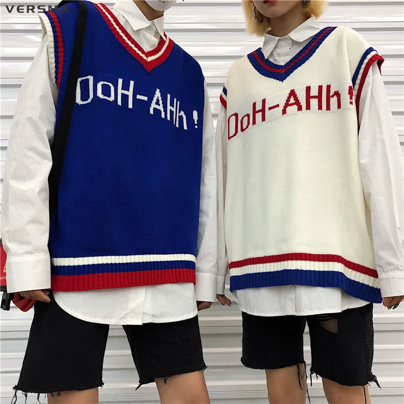 VERSMA корейский Harajuku Instagram BF письмо мужские трикотажные жилеты V образным вырезом негабаритных без рукавов свитер мужской жилет пуловер