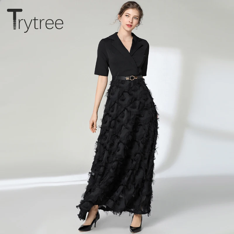 Trytree летнее платье элегантное с перьями черное белое однотонное женское поясом